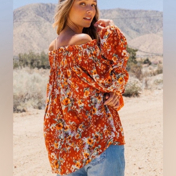 Bohemian Off the Shoulder Rust Orange Floral Top | Lightweight & Stylish - Picture 3 of 6